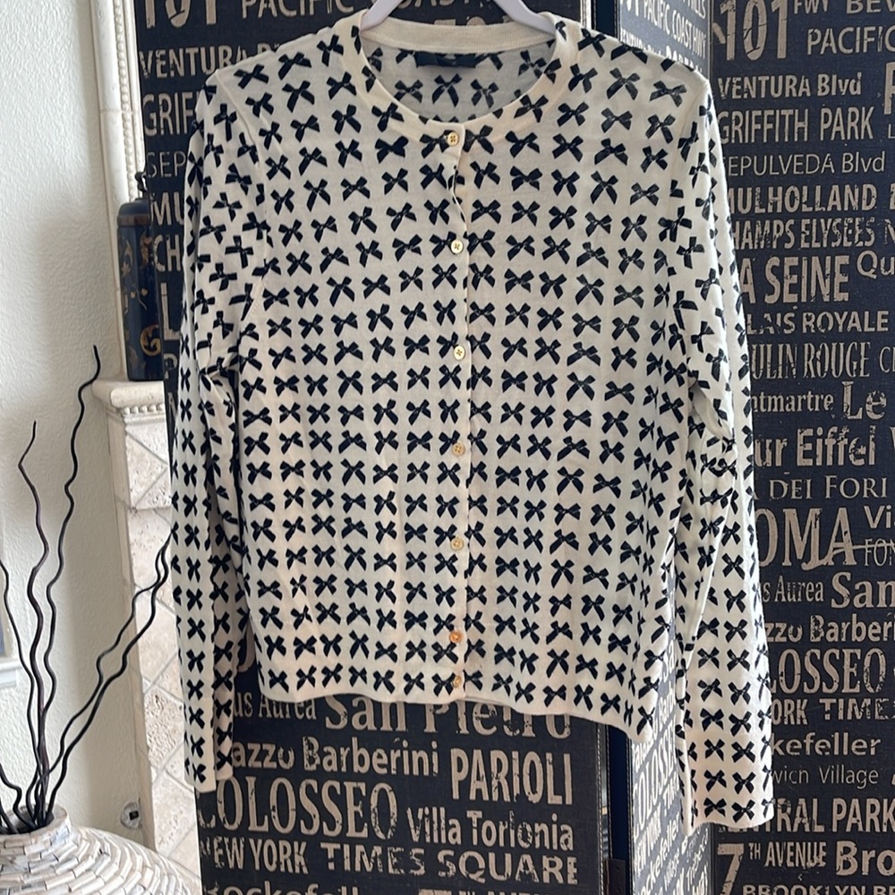 J.crew Black Label Jackie Bow Print Lightweight Wool Cardigan Sweater XL